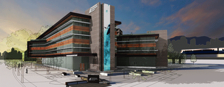 View of new MEC Head Office from the south-east corner (Great Northern Way and Glenn Drive)
