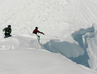 Joe and Dylan trying to cut the cornice atop the Great Wall